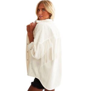 NEW blue b Cream Allover Rhinestone Suede Fringe Denim Oversize Jacket Shacket